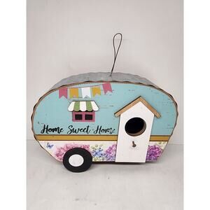 Retro Style Camper Birdhouse "Home Sweet Home" with Galvanized Tin Roof